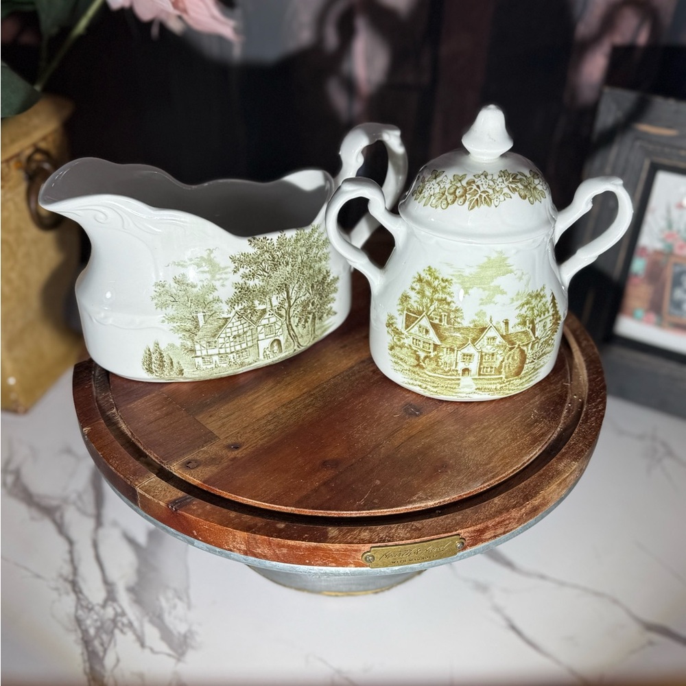 Romantic England Charming Ceramic Creamer & Sugar Green & White - Sold as a Set